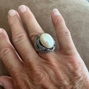 Judith Jack vintage Marcasite and Pearl Sterling Silver Ring